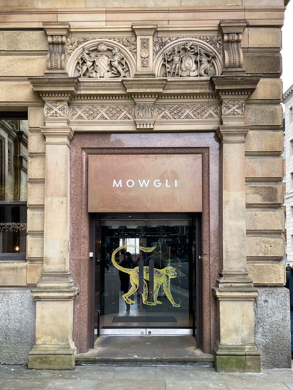 Fancy doorway to Mowgli, Water Street, Liverpool, March 2025