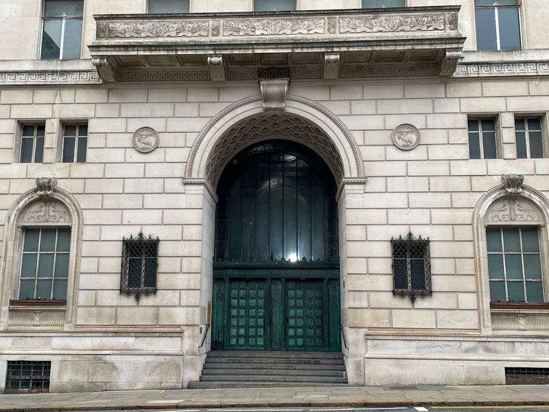 Door to Martins Bank Building, Water Street, Liverpool, March 2025