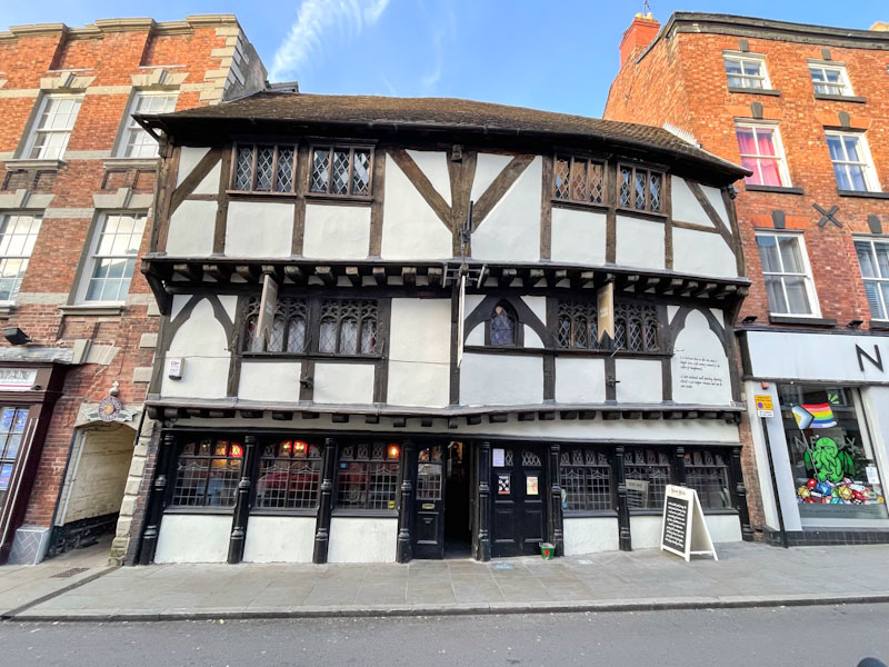 Timber framed building and central door, Mardol, Shrewsbury, Shropshire, England, April 2025