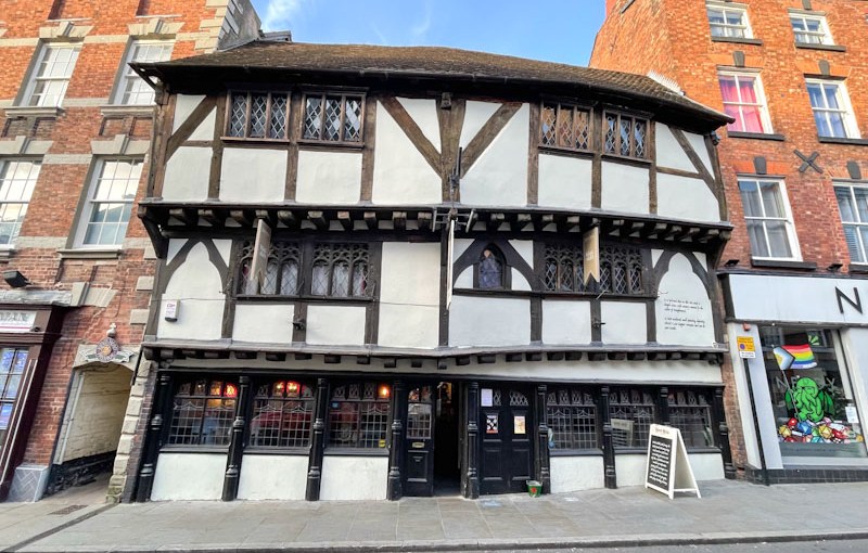 Timber framed building and central door, Mardol, Shrewsbury, Shropshire, England, April 2025