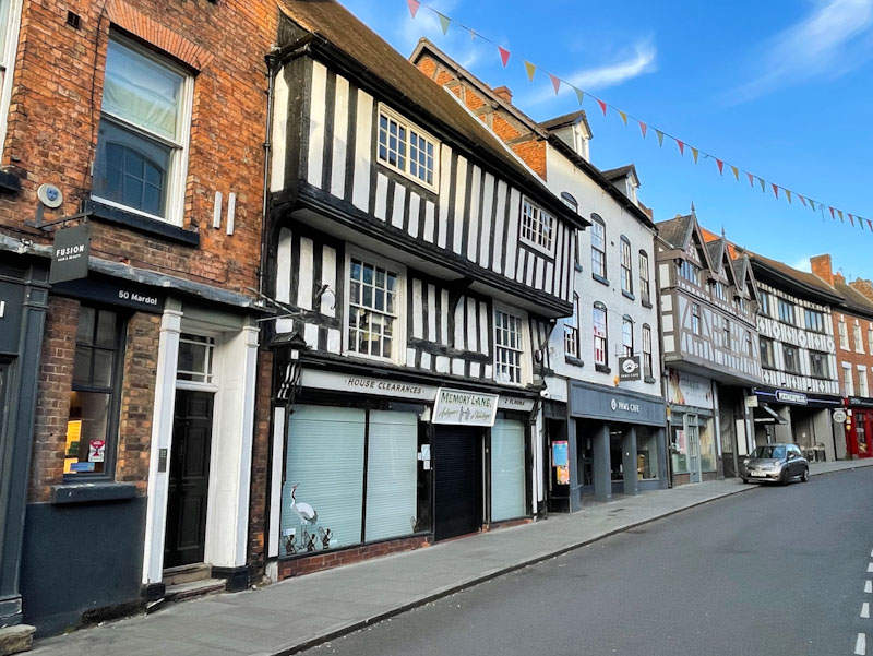 Street view of shops and different architectural periods, Mardol, Shrewsbury, Shropshire, England, April 2025