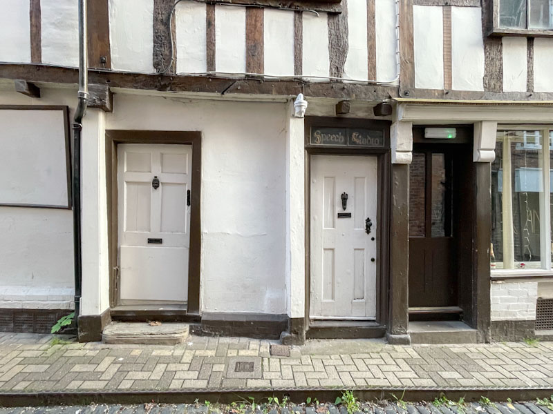 Three doors, Hill's Lane, Shrewsbury, Shropshire, England, April 2025