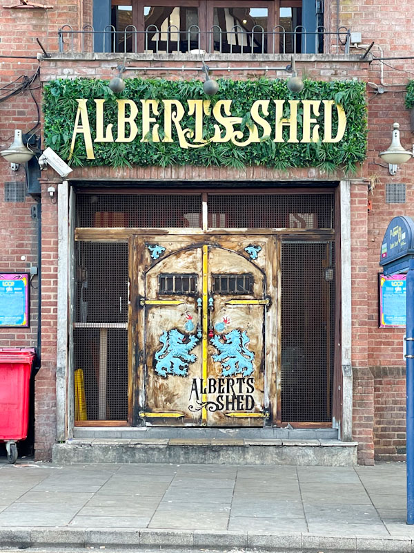 Fancy door to Albert's Shed, Barker Street, Shrewsbury, Shropshire, England, April 2025