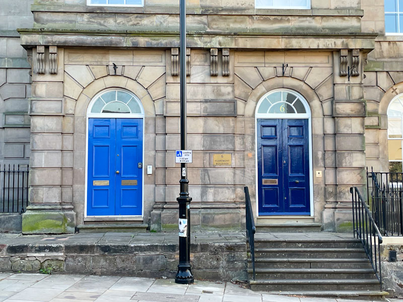 Formal doors with fanlights, Claremont Bank, Shrewsbury, Shropshire, April 2025