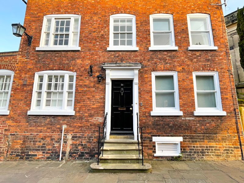 Townhouse door - interesting asymmetry of windows, Claremont Hill, Shrewsbury, Shropshire, April 2025