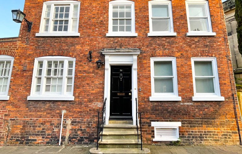 Townhouse door - interesting asymmetry of windows, Claremont Hill, Shrewsbury, Shropshire, April 2025