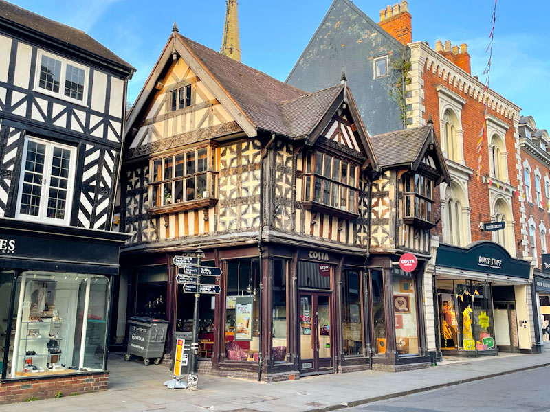 Stunning Tudor building with Costa cafe shop doors, High Street, Shrewsbury, Shropshire, April 2025