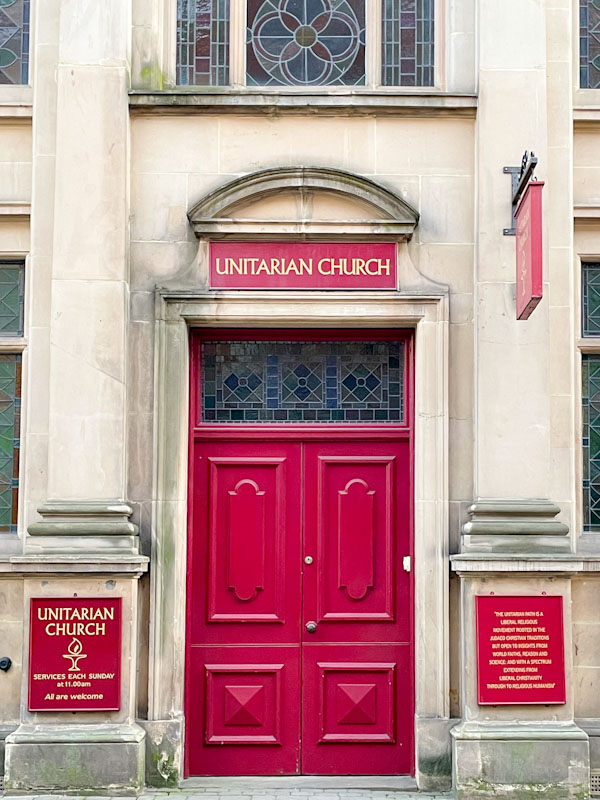 Unitarian Church door, High Street, Shrewsbury, Shropshire, England, April 2025