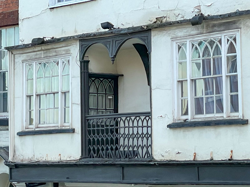 Upstairs balcony door, Wyle Cop, Shrewsbury, Shropshire, England, April 2025