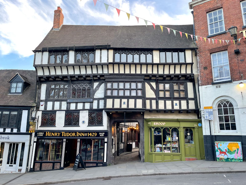 Henry Tudor House, with shop doors, Wyle Cop, Shrewsbury, Shropshire, England, April 2025
