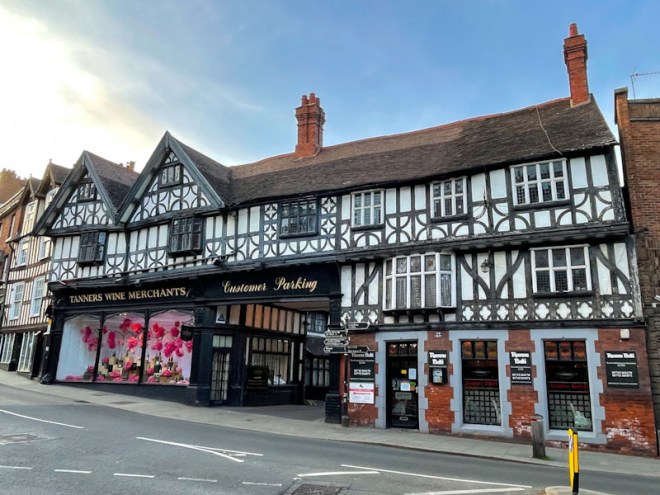 Beautiful Timber-framed building and shop/restaurant doors, Wyle Cop, Shrewsbury, Shropshire, England, April 2025
