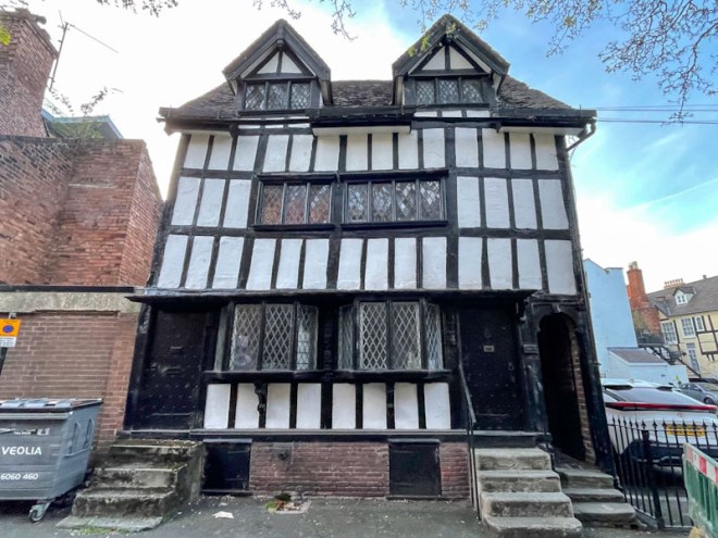 Two front doors to a timber-framed house, Saint Mary’s Place, Shrewsbury, Shropshire, England