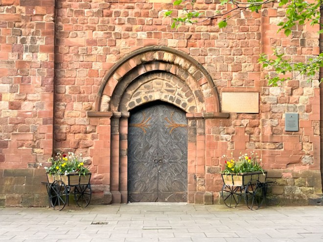 Door and planters, St Mary the Virgin, Saint Mary’s Place, Shrewsbury, Shropshire, England