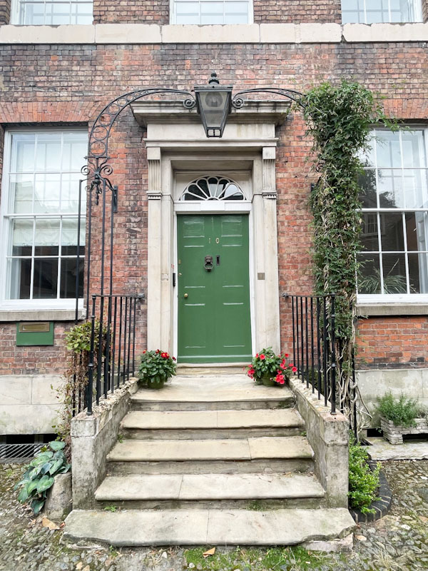 Beautiful green door, steps and lamp, St Mary's Court, Shrewsbury, Shropshire, August 2026