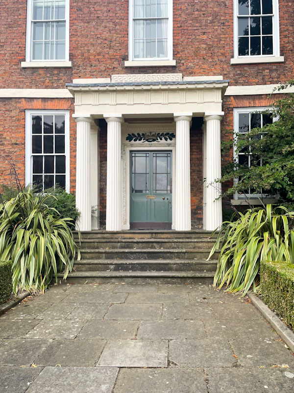 Fancy portico with columns and huge front door, Dogpole, Shrewsbury, Shropshire, August 2026