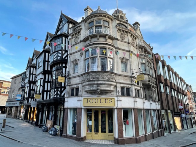 Doors and tiled floor to Joules on the corner of Pride Hill and High Street, Shrewsbury, Shropshire, England, April 2026