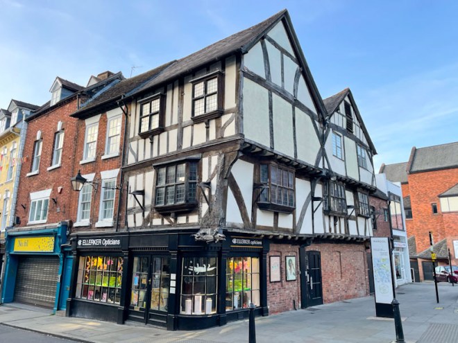 Shop doors to a 15th or 16th century building, Mardol, Shrewsbury, Shropshire, England, April 2026
