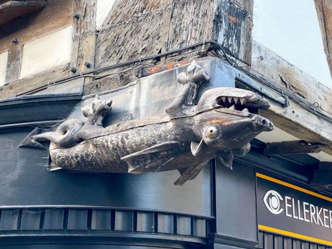 'Puff' a dragon gargoyle, Mardol, Shrewsbury, Shropshire, England, April 2026