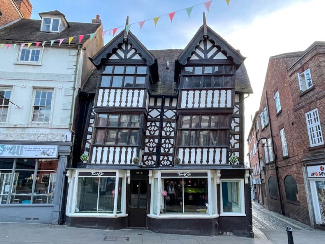Crooked building with small shop door, Mardol, Shrewsbury, Shropshire, England, April 2026