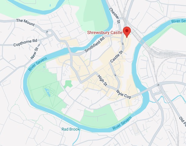 Location of Shrewsbury Castle. Google Maps