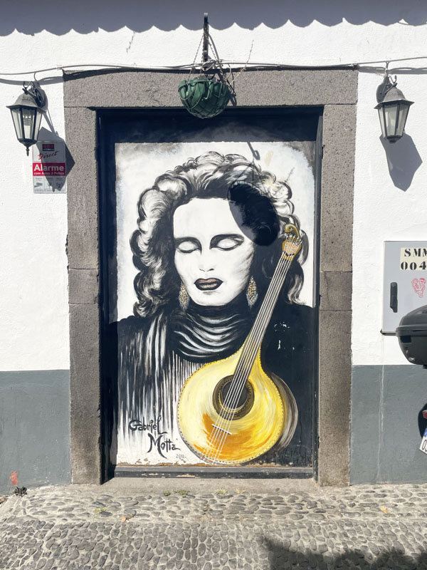 Door with portrait and instrument, Travessa das Torres, Funchal, Madeira, September 2025