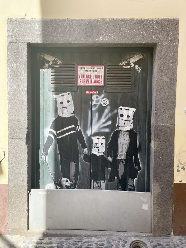Surveillance stencil on a pair of doors, Rua Dos Barreiros, Funchal, Madeira, Portugal, September 2025
