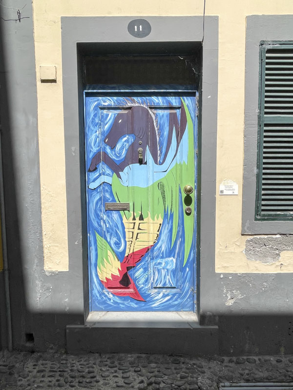 Colourful Pegasus door, Rua de SantaMaria, Funchal, Madeira, Portugal, September 2025